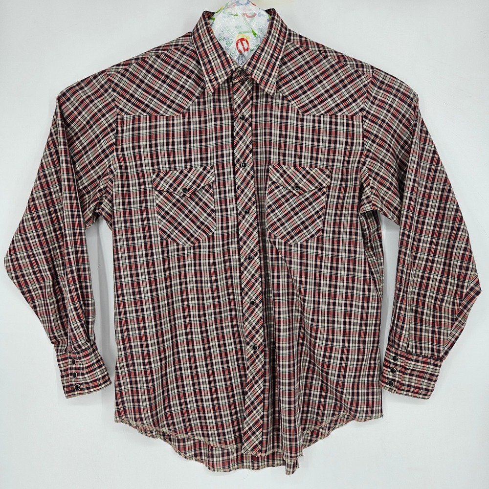 Vintage Wrangler Shirt Mens 17.5 35 XL Western Maroon Plaid Permanent Press FLAW
